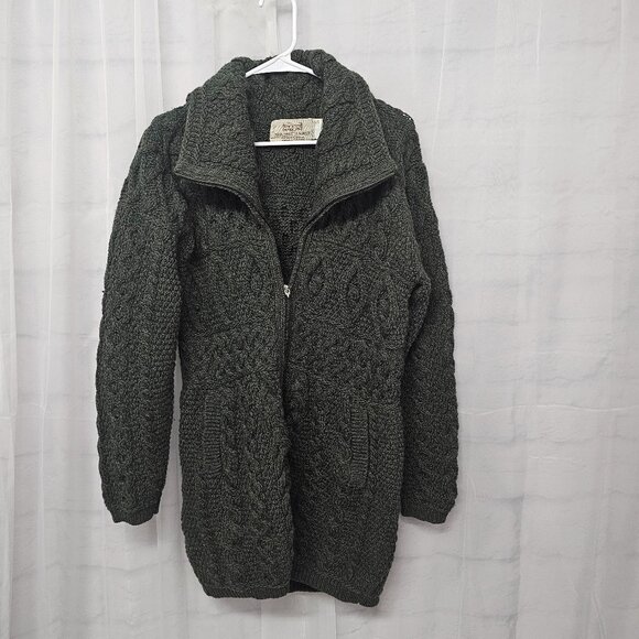 Aran Sweater Market Green Wool Cardigan Preppy Cabin Winter Irish S - Picture 8 of 12